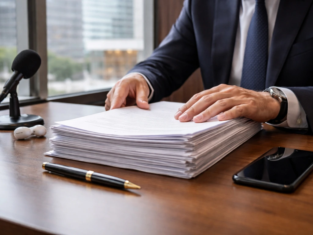 Anonymous desk scene with documents, pen, and media gear in a modern finance office.