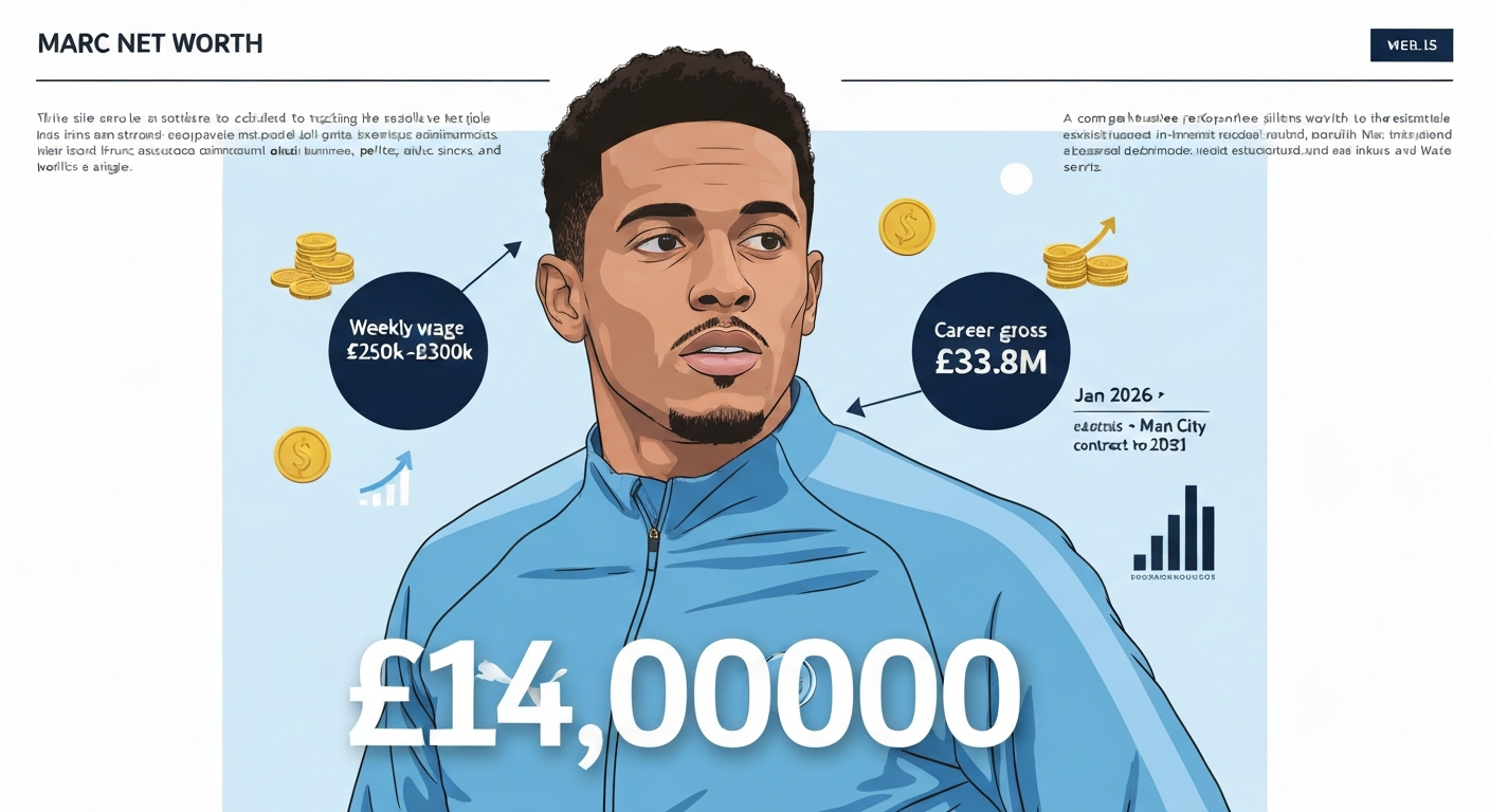 Stylized editorial portrait of Marc Guéhi with overlaid financial infographic showing £14M net worth and key earnings figures.