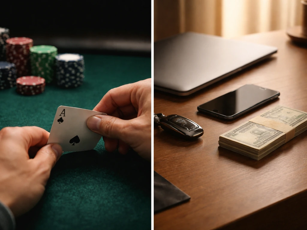 Hands over poker chips on one side and a luxury desk with cash and a laptop on the other.