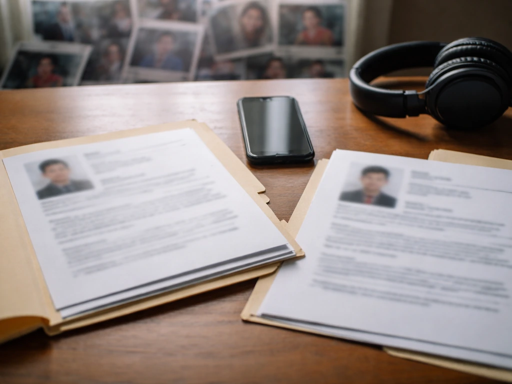 Blurred documents and overlapping folders on a desk symbolize conflicting “Marc Goone” identities.