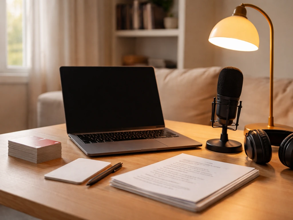 Minimal poker coaching desk with cards, strategy notes, laptop, and microphone in natural light.