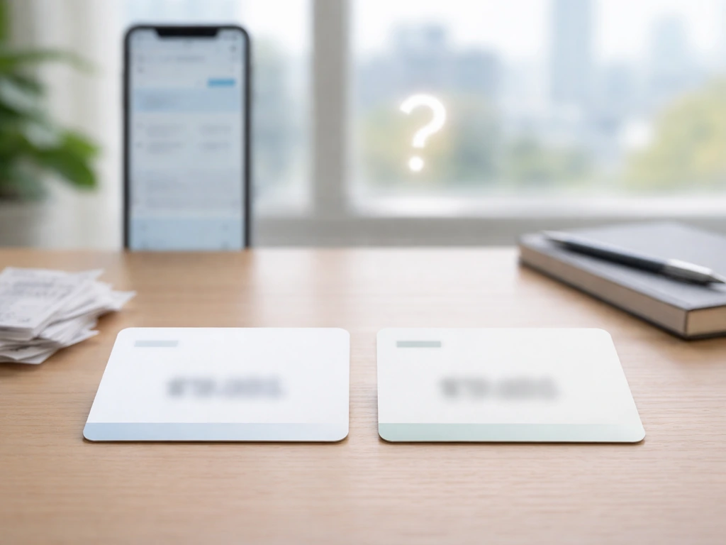 Two contrasting net-worth-style cards on a desk, showing differing totals and uncertainty in a symbolic business scene.