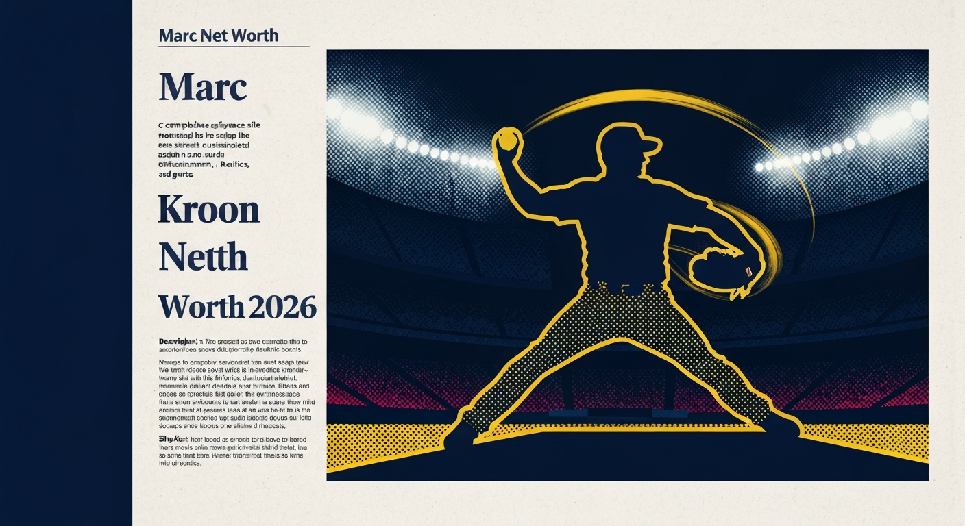 Stylized illustration of a baseball pitcher mid-throw on a nighttime stadium mound with headline space: 'Marc Kroon Net Worth 2026'.
