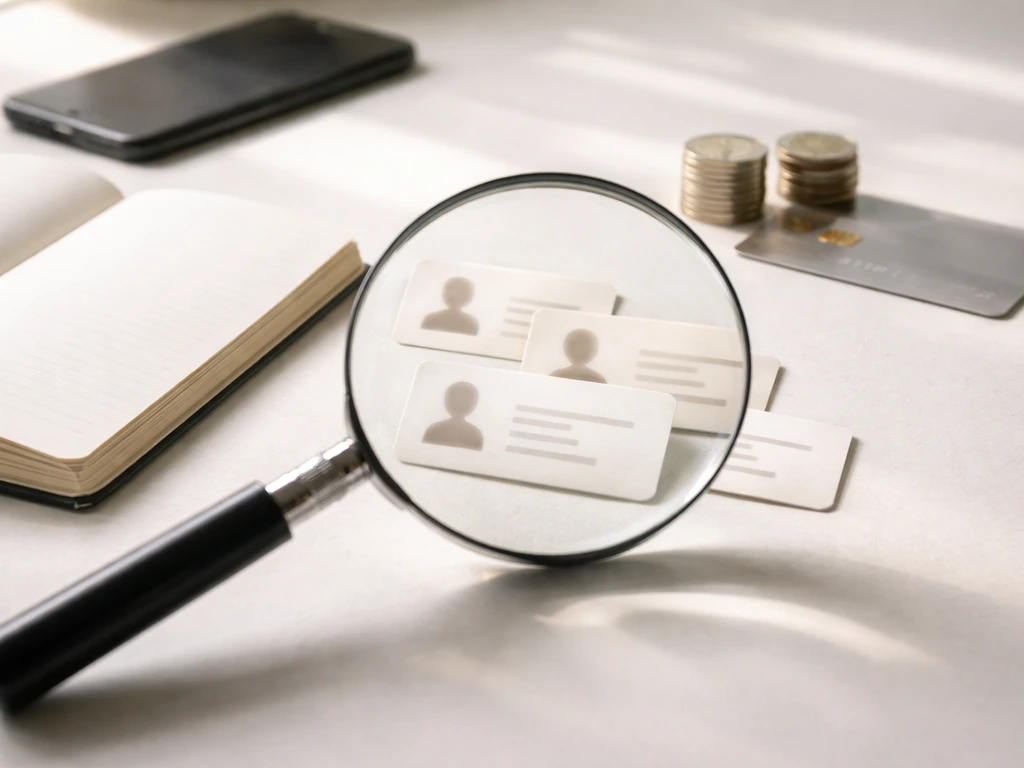 Magnifying glass over blurred identity paper clues on a desk with coins, symbolizing verifying the right person