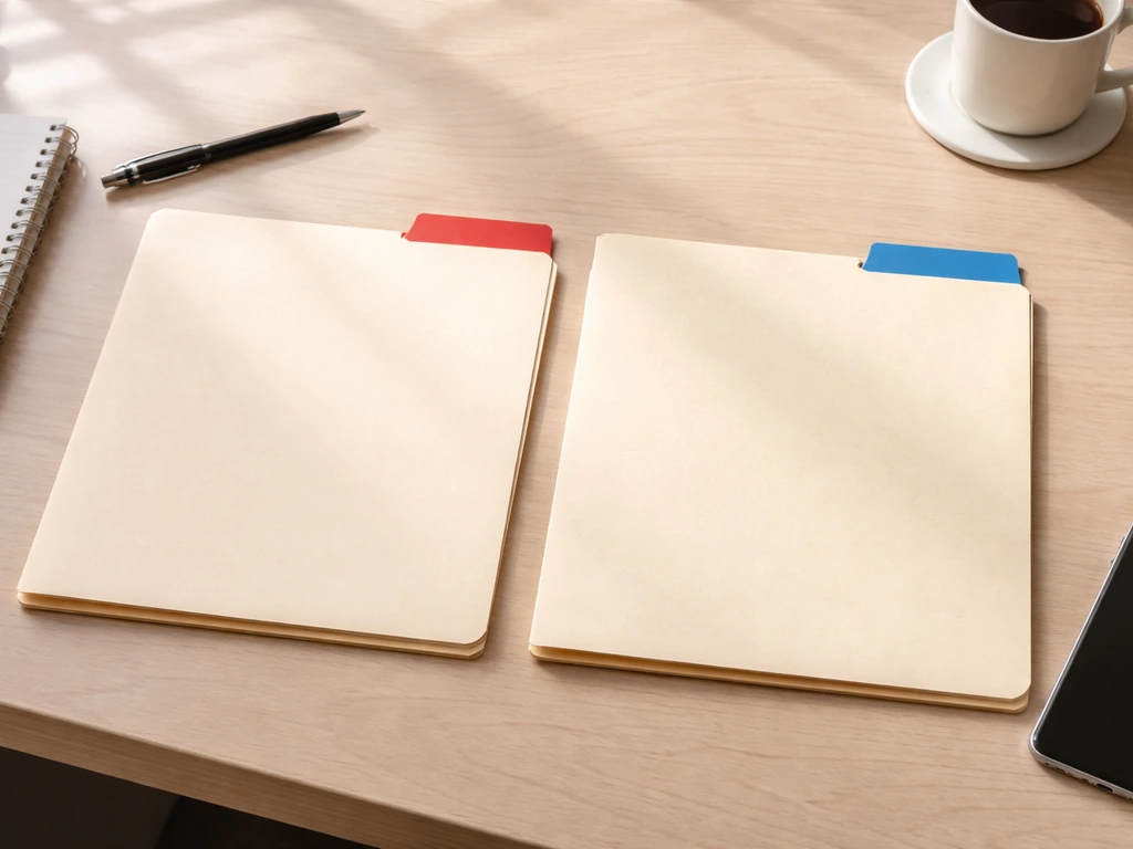 Minimal desk scene with two distinct folders labeled by color tabs, no readable text.