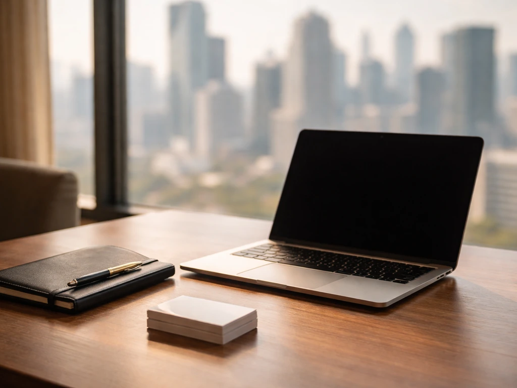 Minimal office scene with a laptop and a blurred city view, symbolizing a private tech founder’s business success