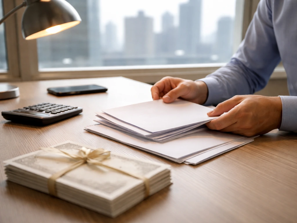 Minimal desk scene with a calculator and folders, suggesting how net worth estimates use compensation and equity data