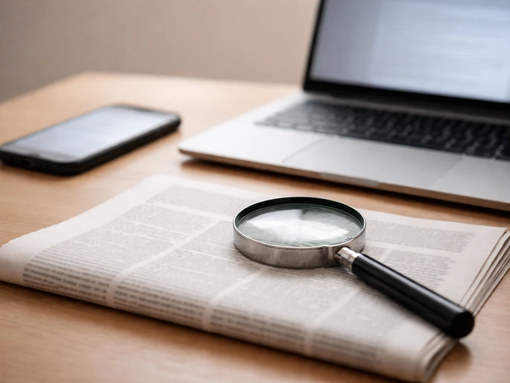 Desk with newspaper and magnifying glass beside a phone and laptop, suggesting source verification.