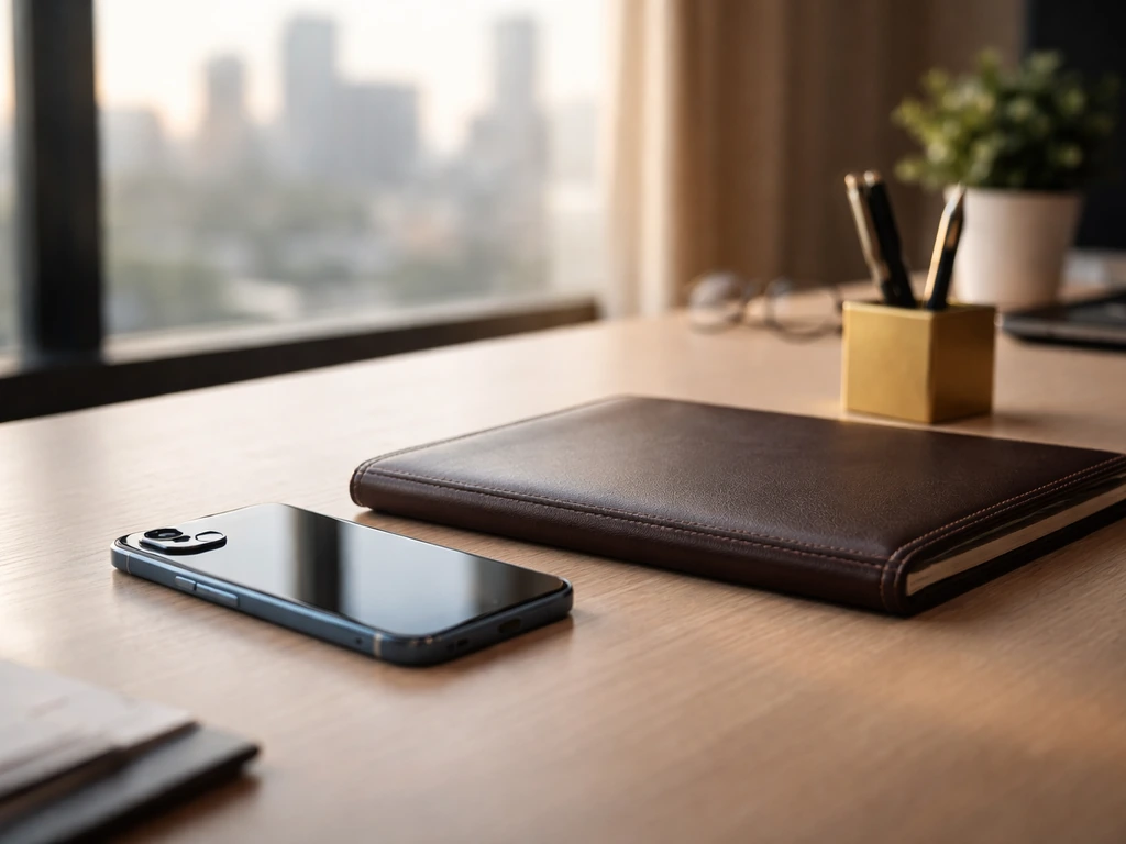 Modern office desk with smartphone and portfolio, symbolizing business and wealth analysis without any person.