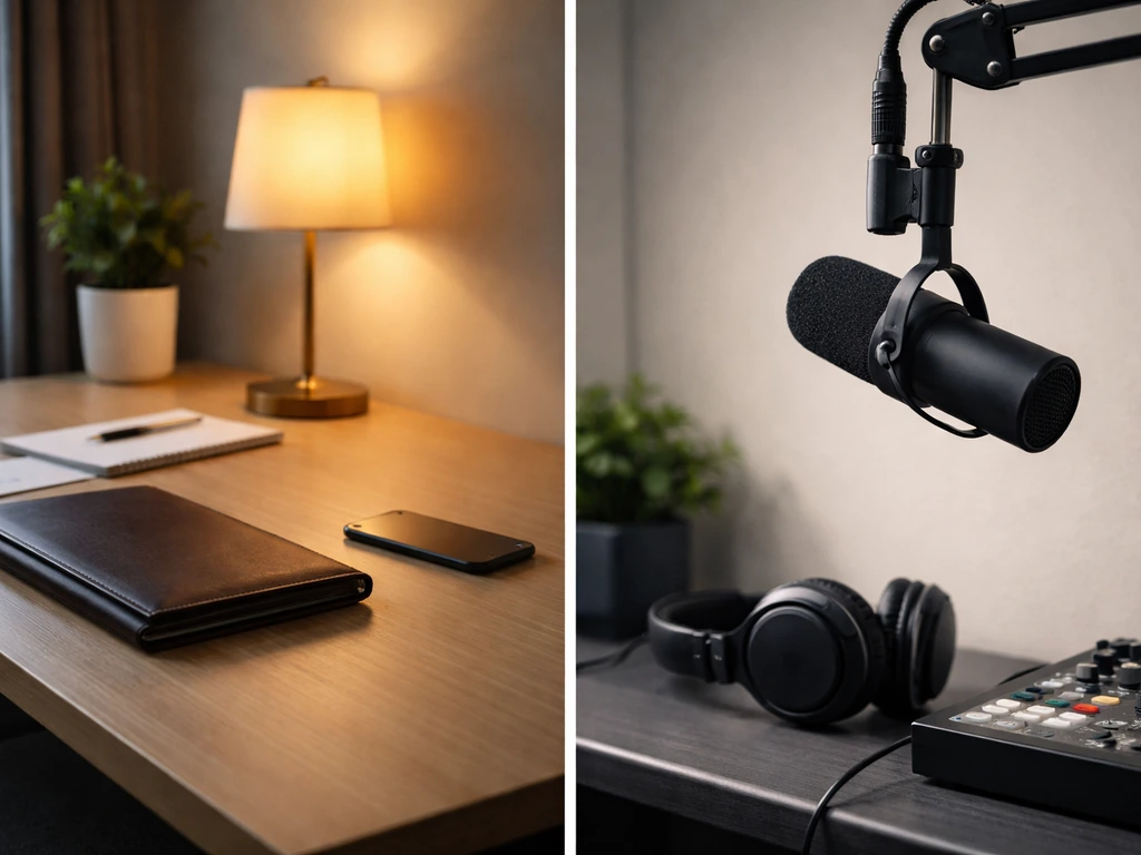 Two minimal desk scenes side-by-side: office finance items on left and media studio gear on right.