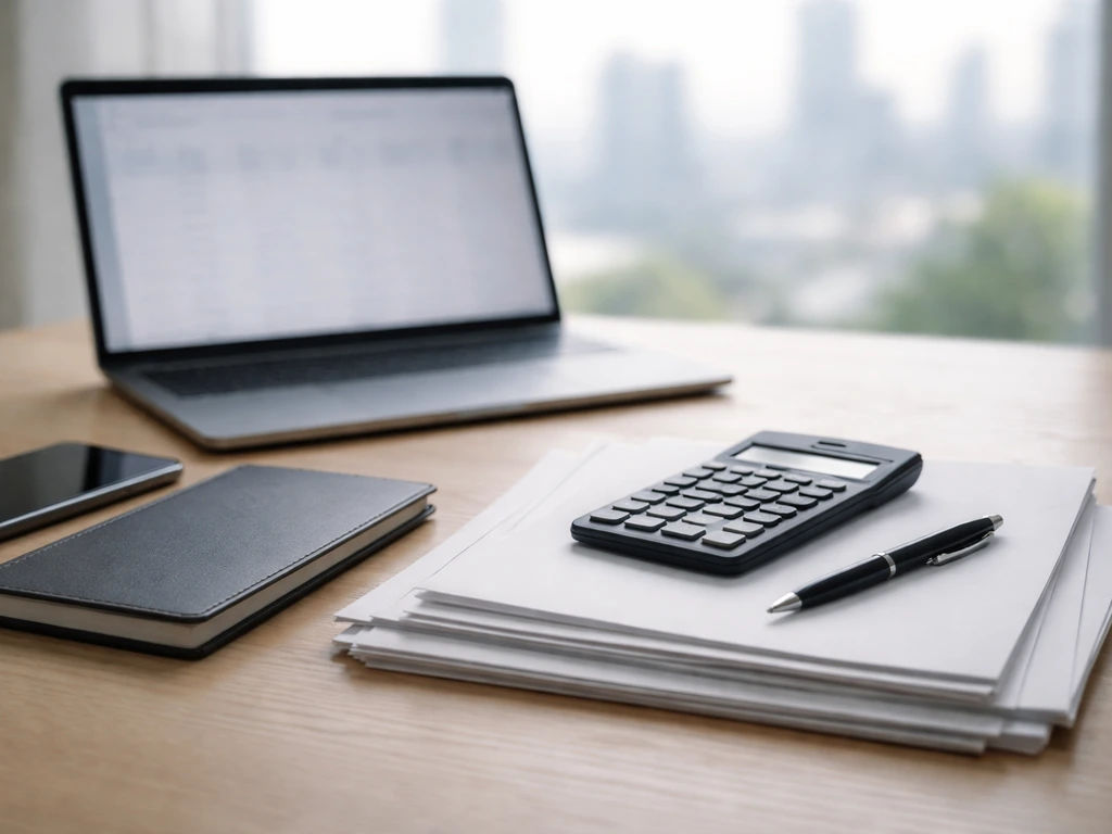 Open laptop beside scattered financial documents and a calculator, symbolizing compensation and estimate calculations.