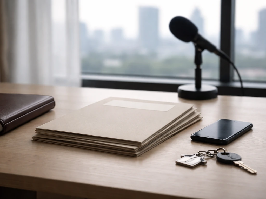 Minimal desk setup with folders, keys, and blurred city and media gear implying asset and public indicators audit