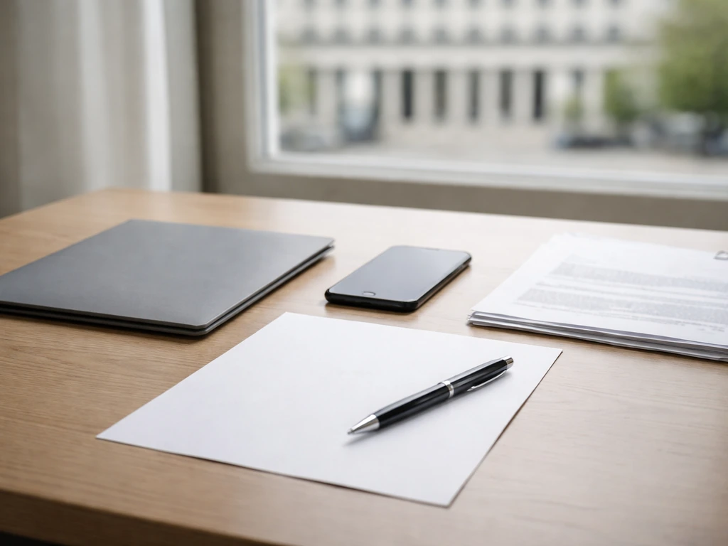 Minimal office desk with blank documents and a phone, symbolizing verifying financial information over time.