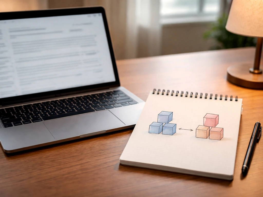 Laptop showing a blurred SEC/EDGAR-style document with a simple assets-minus-liabilities concept on a notepad.