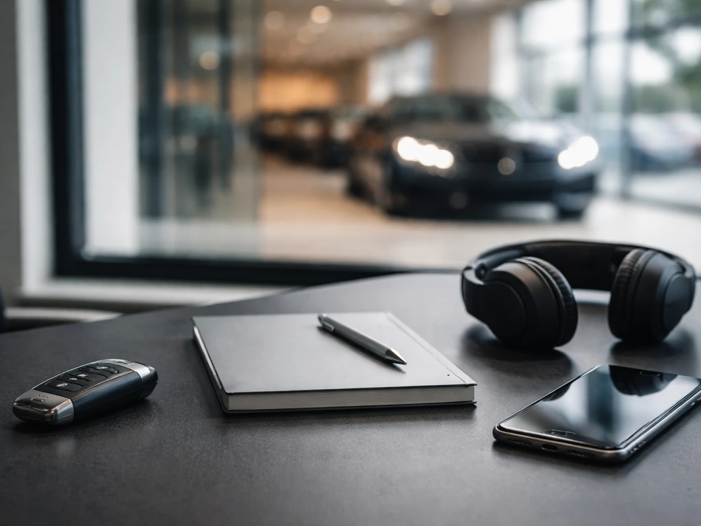 Minimal desk scene with car key fob, headphones, and blurred luxury car in an automotive showroom.