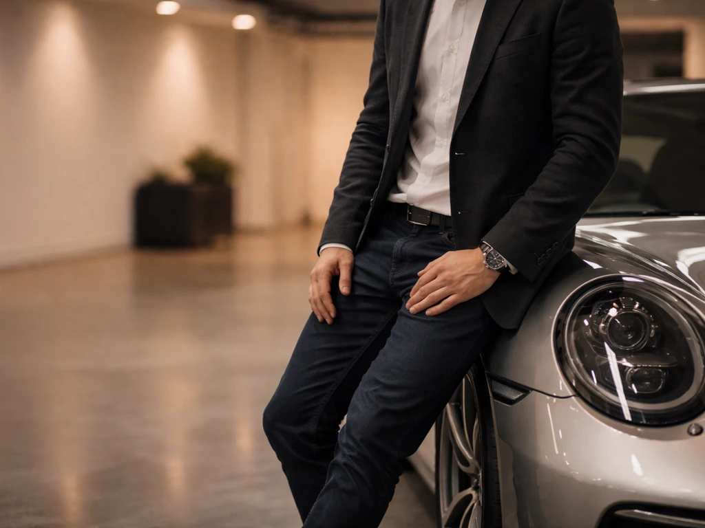 Anonymous professional in a private garage beside a sleek Porsche, minimal automotive business setting.