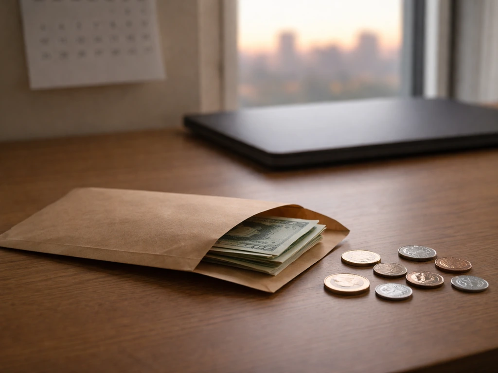 Minimal office desk scene with a cash envelope and scattered coins, symbolizing a changing net worth range.