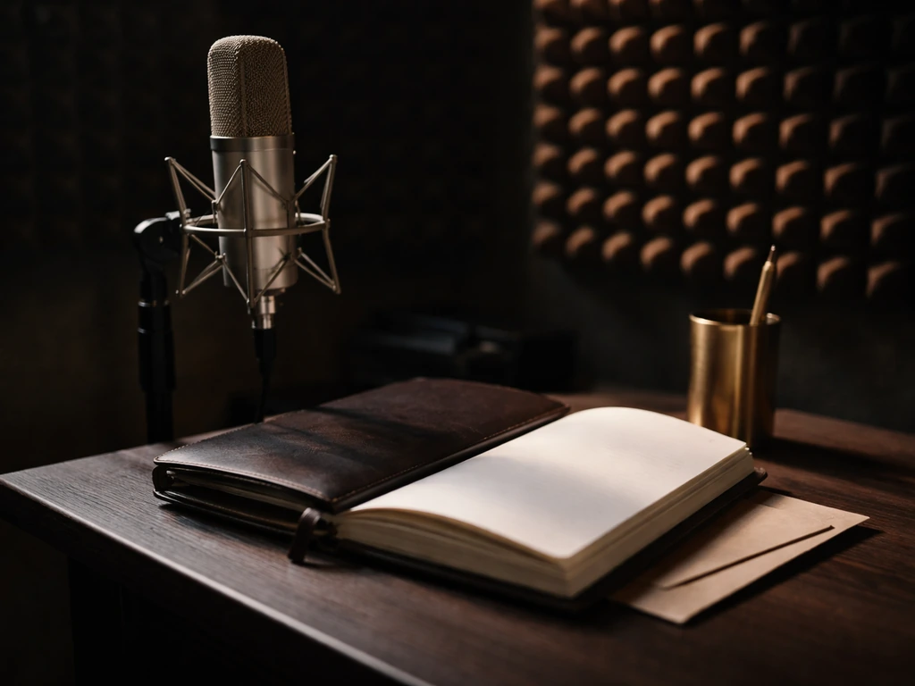 Close-up of a studio microphone on a desk, minimal scene suggesting music, media, and wealth.