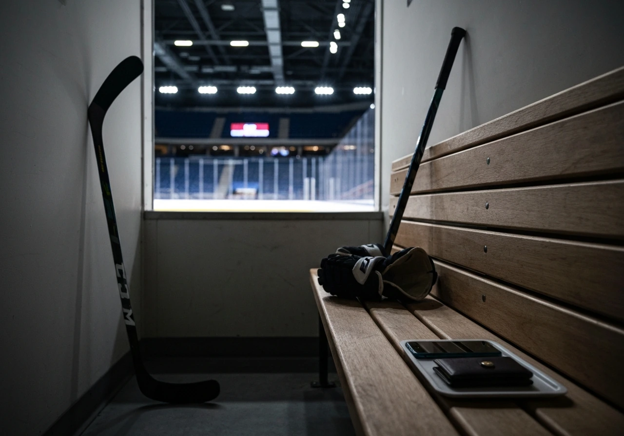 Empty hockey arena tunnel with a stick, gloves, phone, and wallet suggesting sports wealth and media attention.