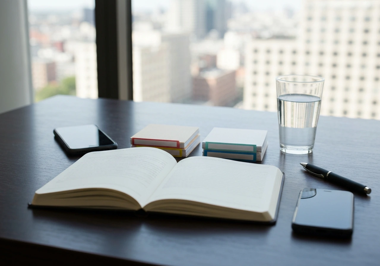 Minimal desk scene with open notebook and folders arranged to imply verifiable vs speculative net worth items.