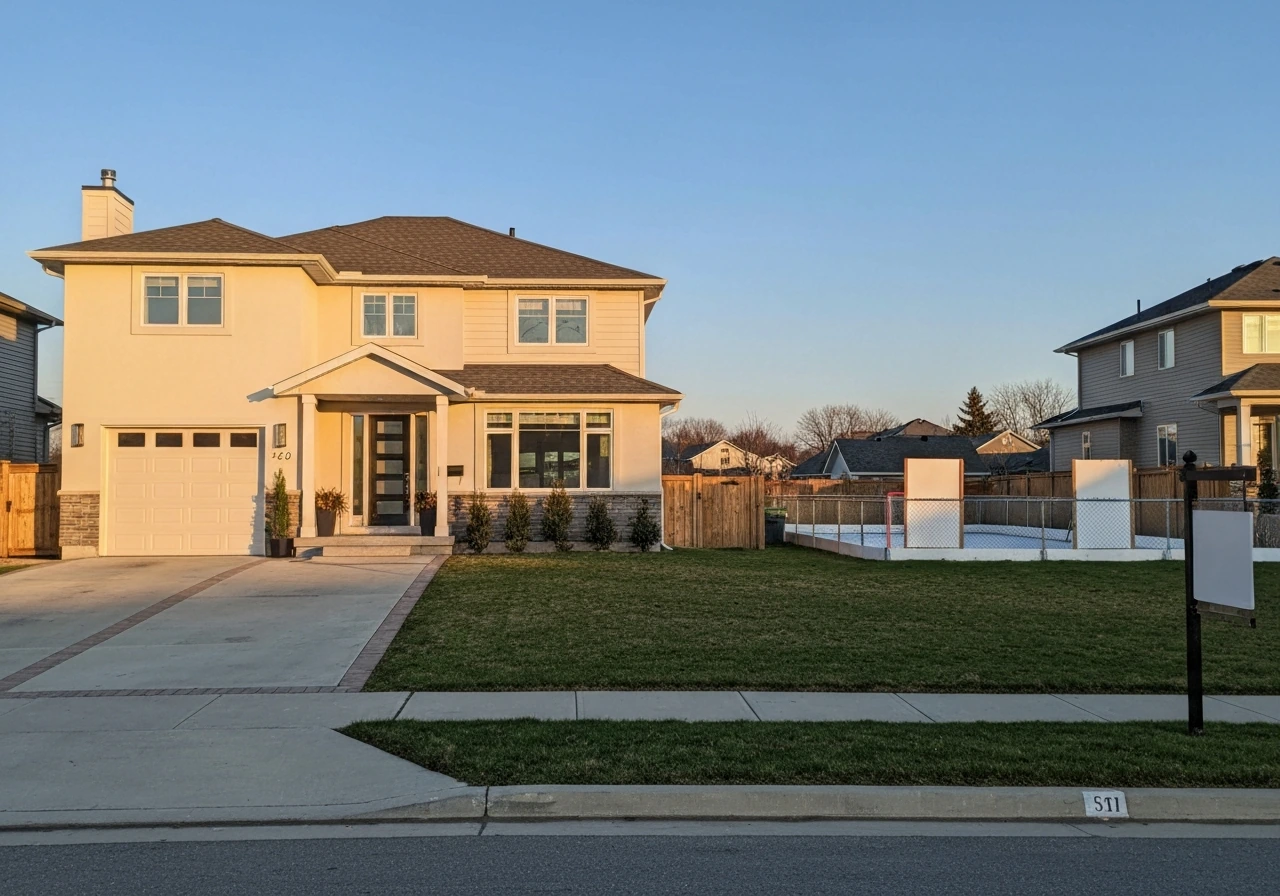 Modern suburban house exterior with a quiet yard and subtle backyard hockey-practice elements.