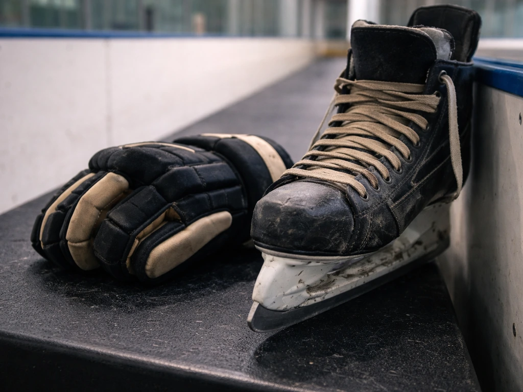 Close-up of hockey gloves and skate laces on a bench by the rink wall in natural light.