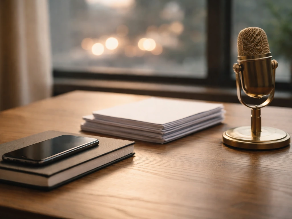 Minimal desk scene with microphone and phone, suggesting media and net-worth verification research