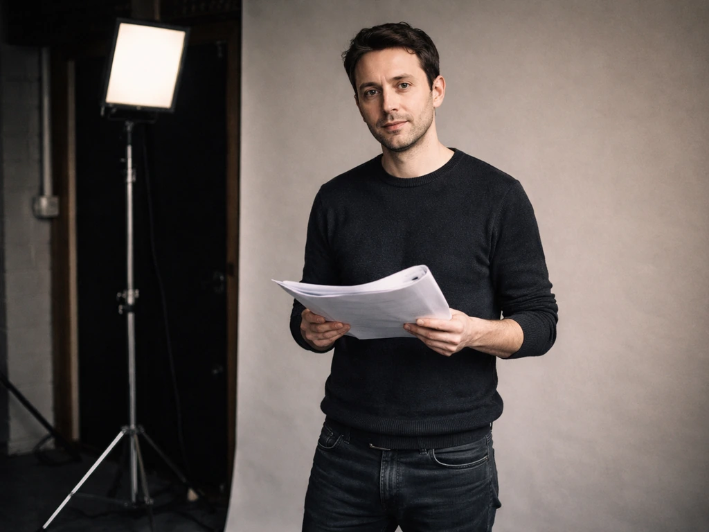 A British-looking male actor in a quiet studio, holding a script folder beside soft studio lights.