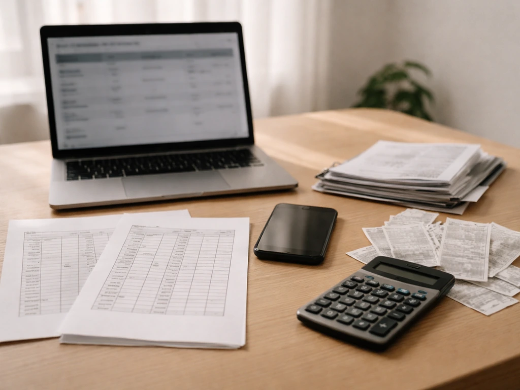 Desk with laptop, blurred film pages, receipts, and calculator used as evidence for a net worth estimate