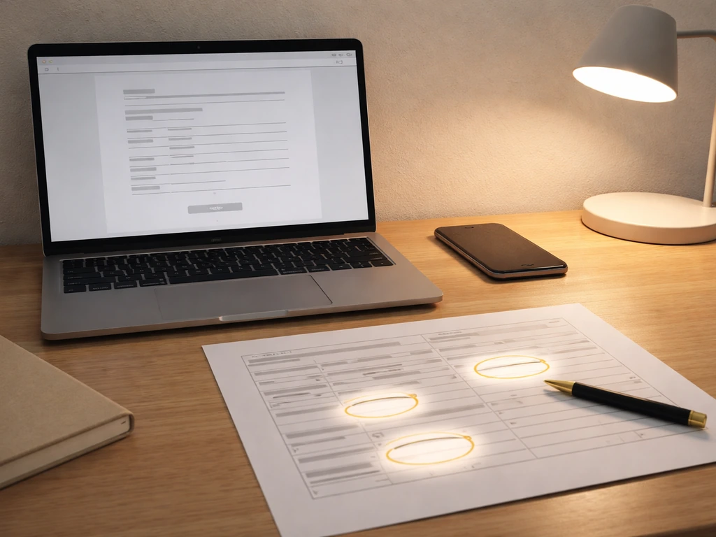 Minimal desk scene with laptop and reference papers showing circled areas for cross-checking business figures.