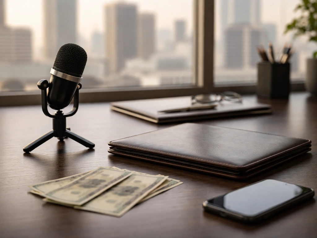 Minimal finance-focused office scene with cash-like props and a business meeting microphone