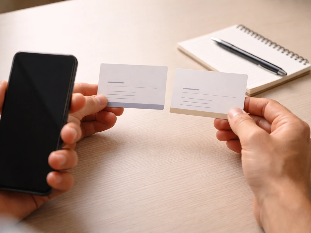 Hands comparing two business cards on a desk with a phone, indicating confirming the right identity.