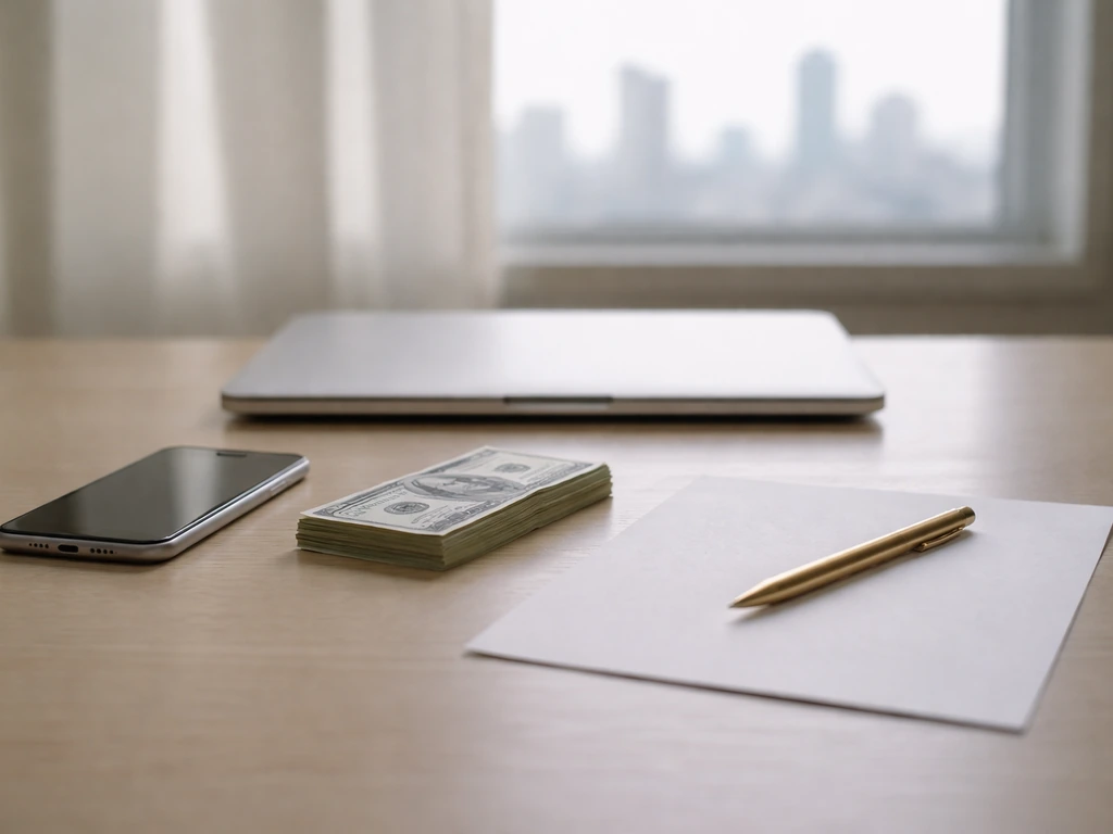 Minimal desk scene with blank paper, smartphone, pen, and cash suggesting finance analysis.