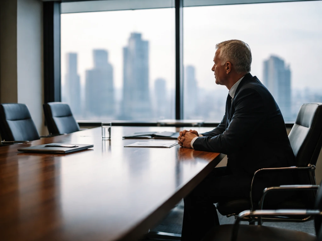 Anonymous executive seated in a minimal boardroom with a city skyline view, suggesting banking governance.