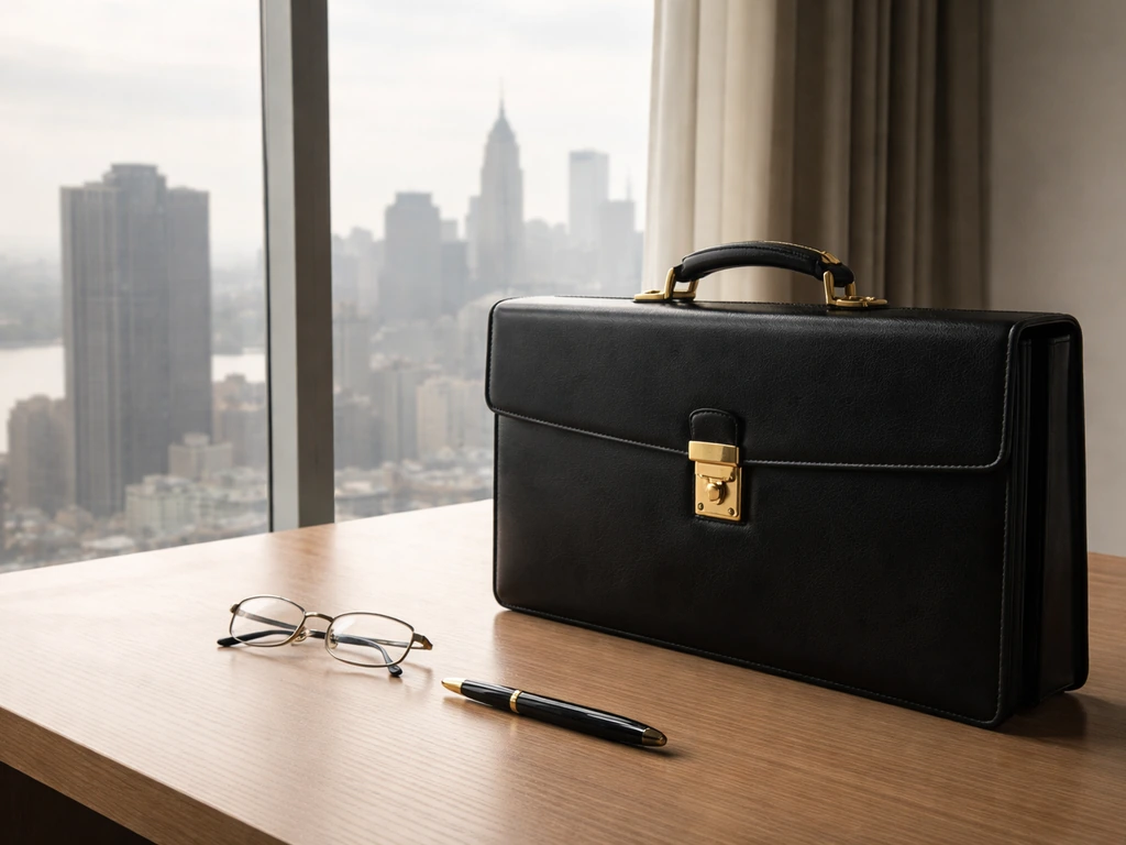 Minimal desk scene with briefcase and glasses near a window, symbolizing legal and wealth analysis.