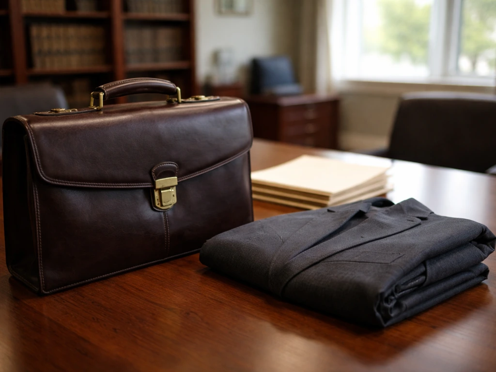 Empty legal office with a suit jacket, briefcase, and folders suggesting a white-collar attorney casework