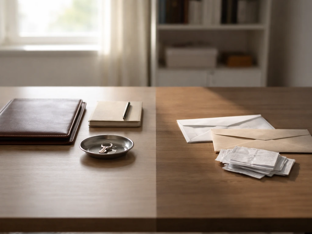 Minimal office desk scene with generic asset and liability items arranged to suggest a net-worth breakdown.