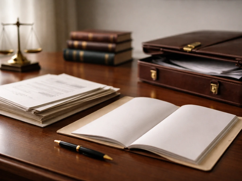 Unoccupied lawyer desk with legal documents, engagement paperwork, briefcase, and law books.