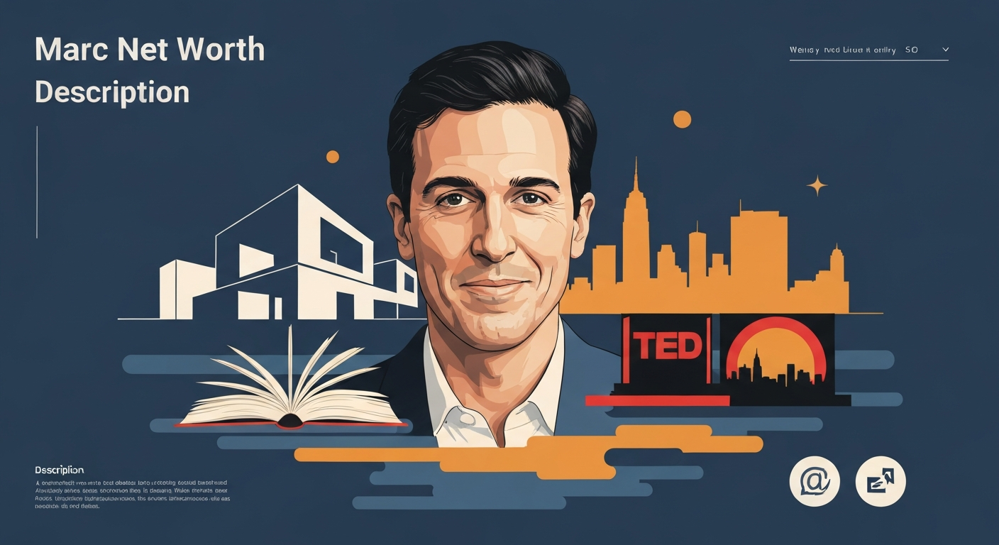 Stylized editorial illustration of Marc Kushner with architectural forms, New York skyline, TED stage, and a book — a conceptual montage representing his roles as architect, author, and tech founder.