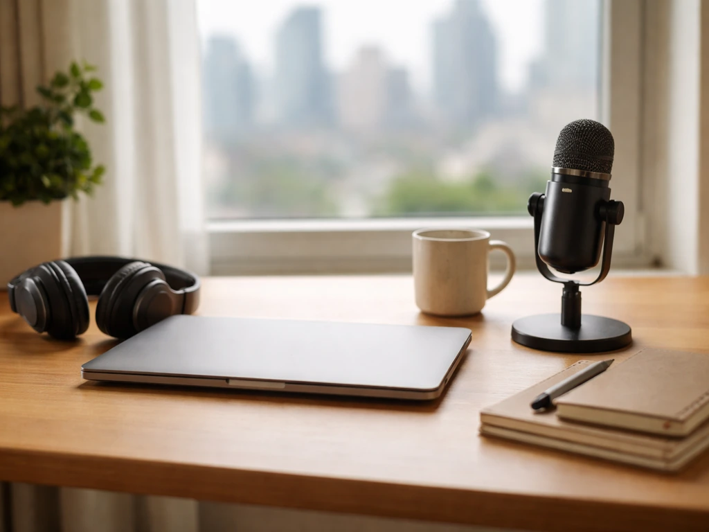 Minimal home office desk with laptop, microphone, and blurred city view symbolizing a web designer’s income.