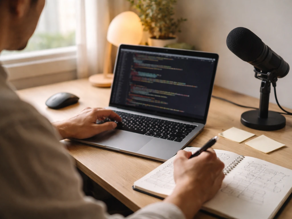 Anonymous web designer working at a desk with a laptop and nearby microphone, suggesting design and speaking.