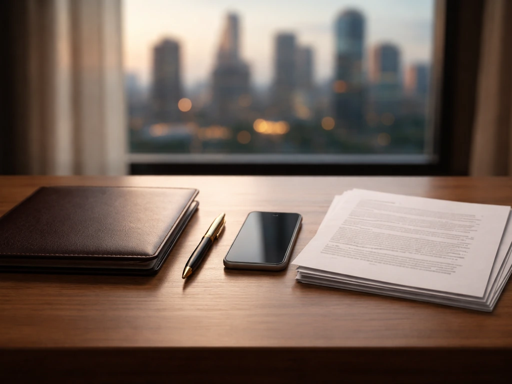 Minimal desk scene with portfolio, documents, pen, and blurred city view symbolizing an estimate range