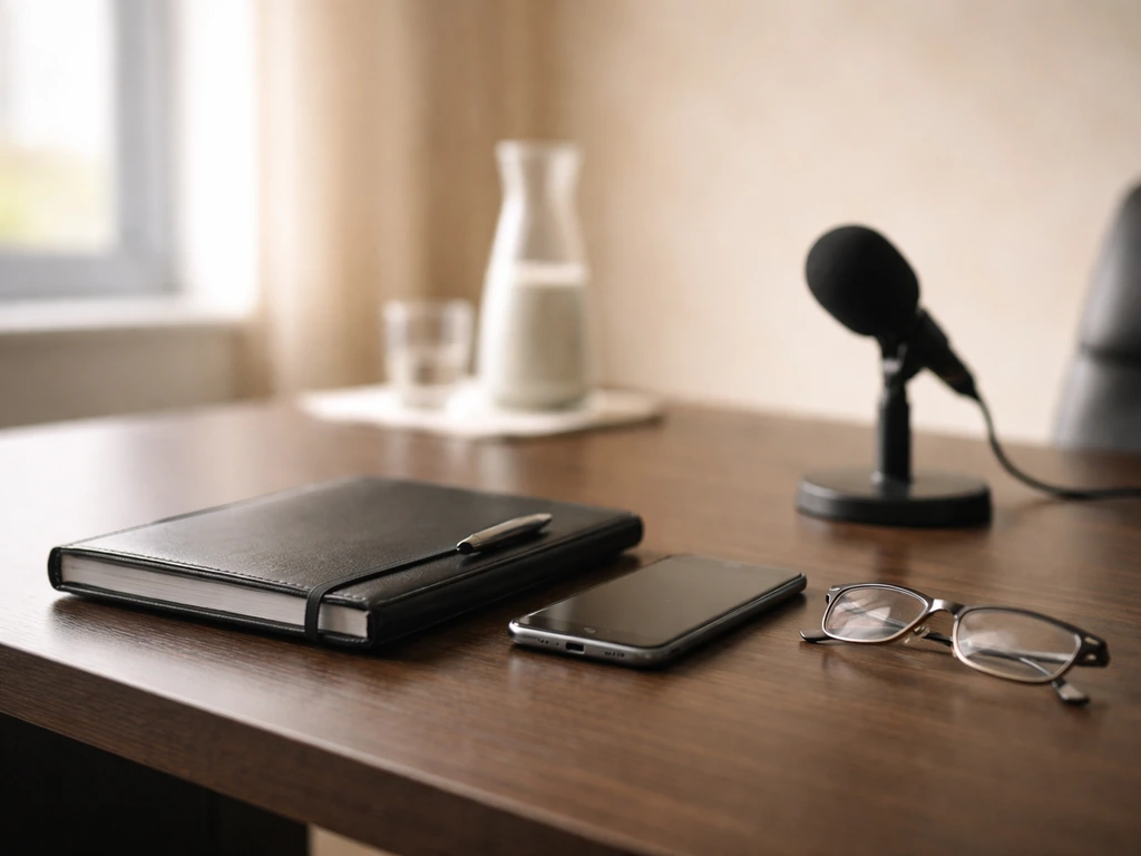 Anonymous executive desk with business items and a small microphone in natural light.