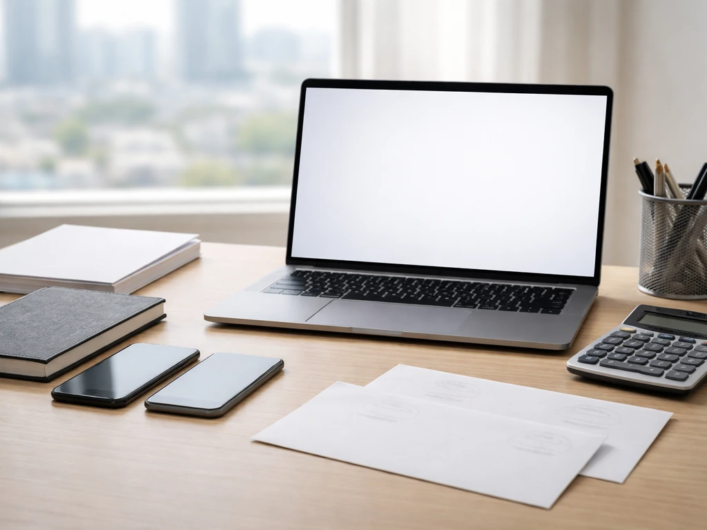 Minimal desk scene with finance research tools and two stamped envelopes suggesting different as-of dates