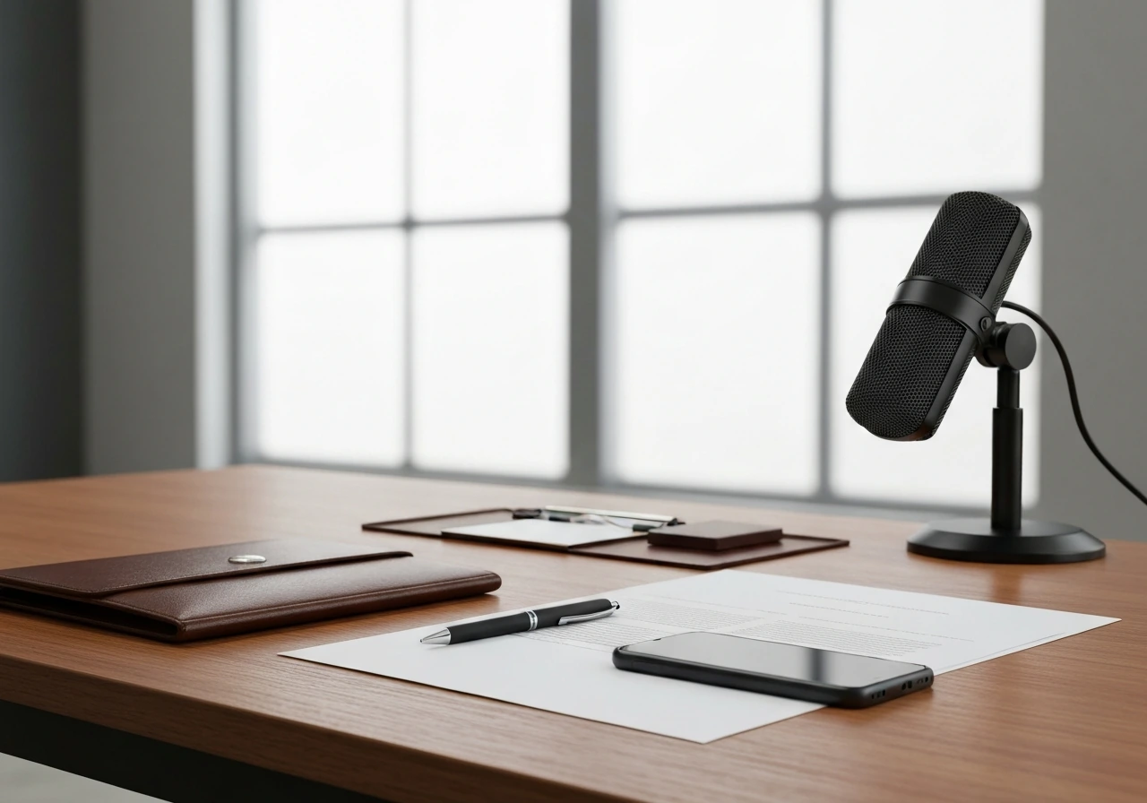 Minimal office scene symbolizing net-worth verification: anonymous executive desk with documents and a camera.