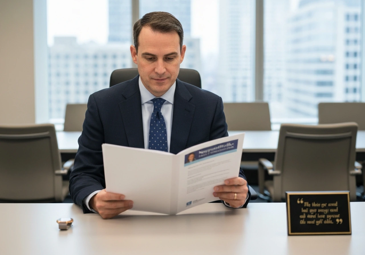Anonymous nonprofit leader in a quiet office, holding an open folder; no visible text or identifiable portrait.
