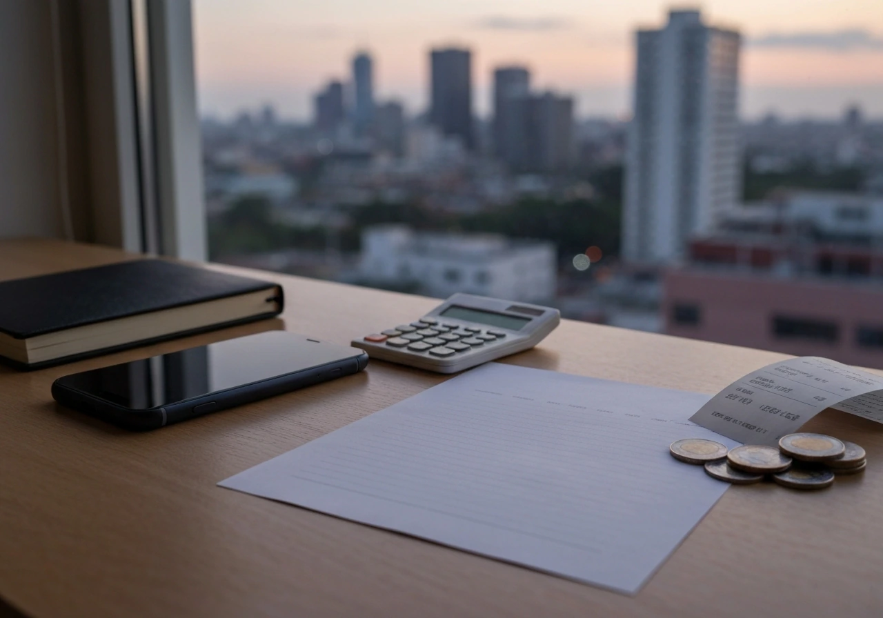 Minimal desk scene with smartphone, calculator, coins, and soft city view symbolizing financial estimate growth.