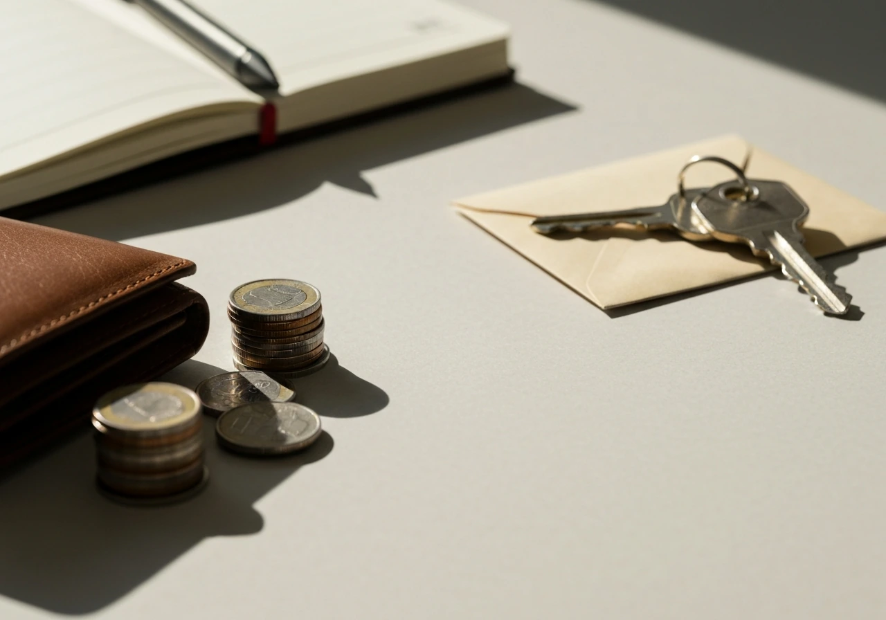 Minimal photo of a desk with a notebook, coins, and envelopes suggesting assets and liabilities.