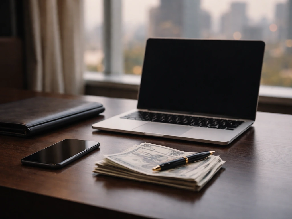 Minimal desk scene with laptop and money-themed props symbolizing net worth estimation.