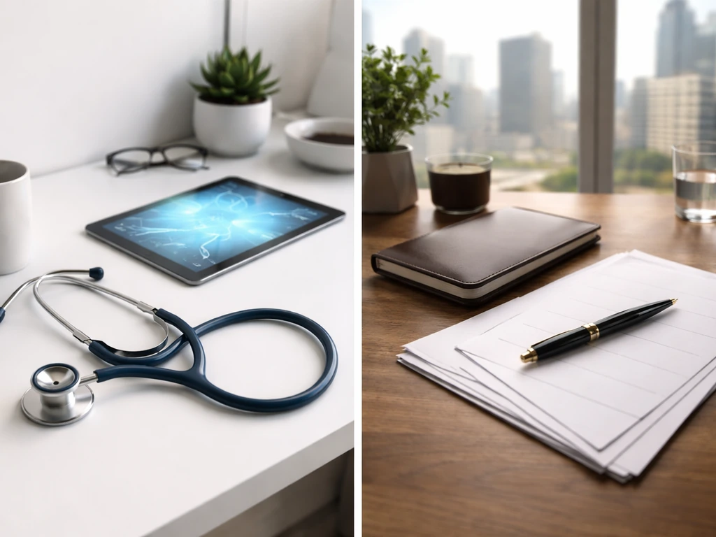 Side-by-side minimal desks: medical tech props on one side and business finance items on the other.